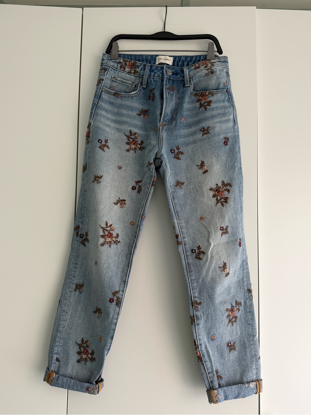 DRIFTWOOD Light Blue Denim Boyfriend Jeans with Brown Floral Embroidery